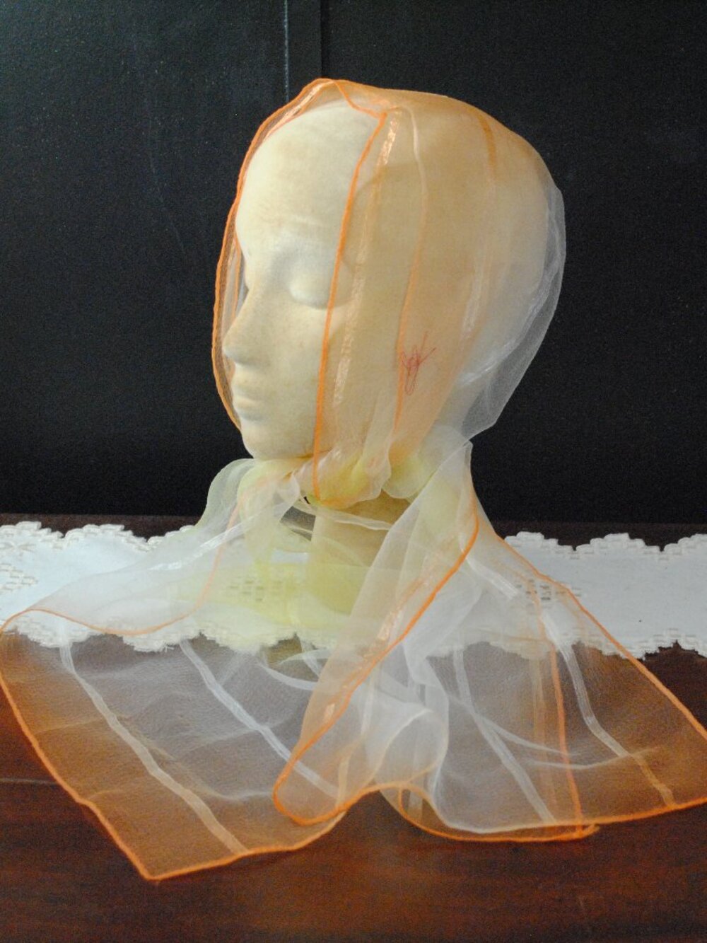 Flawed! Vintage Long Orange & Yellow Ombre Striped Sheer Chiffon Scarf
